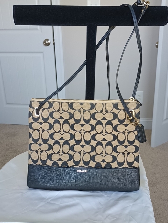 Coach Handbags - Coach #51086 Madison Khaki Black Signature Canvas Slim Crossbody File Bag